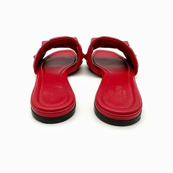 VALENTINO Rockstud Red Leather Sandal Size 37.5 Flat Flip Flop Slide Studded - Picture 6 of 12
